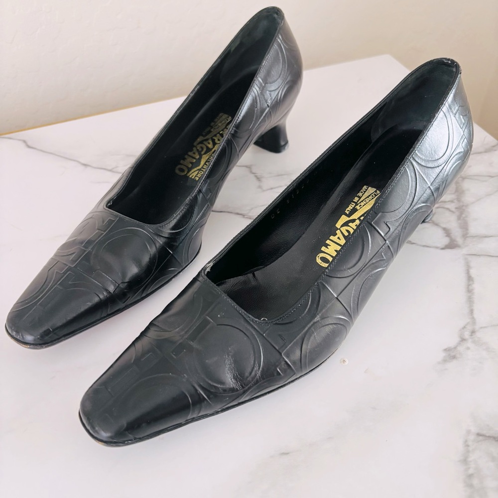 Salvatore Ferragamo Black Leather Square Toe Pumps